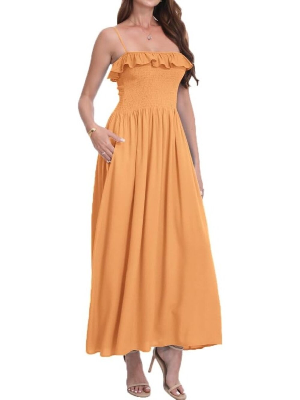Women's Light Orange Sleeveless Spaghetti Strap Smocked Beach Boho Maxi Dress